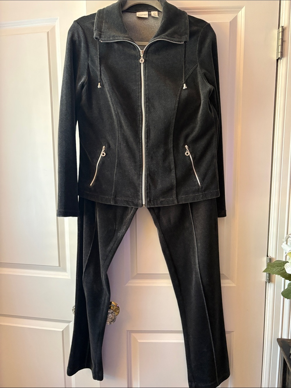 Chico's women’s black velour jogging suit.